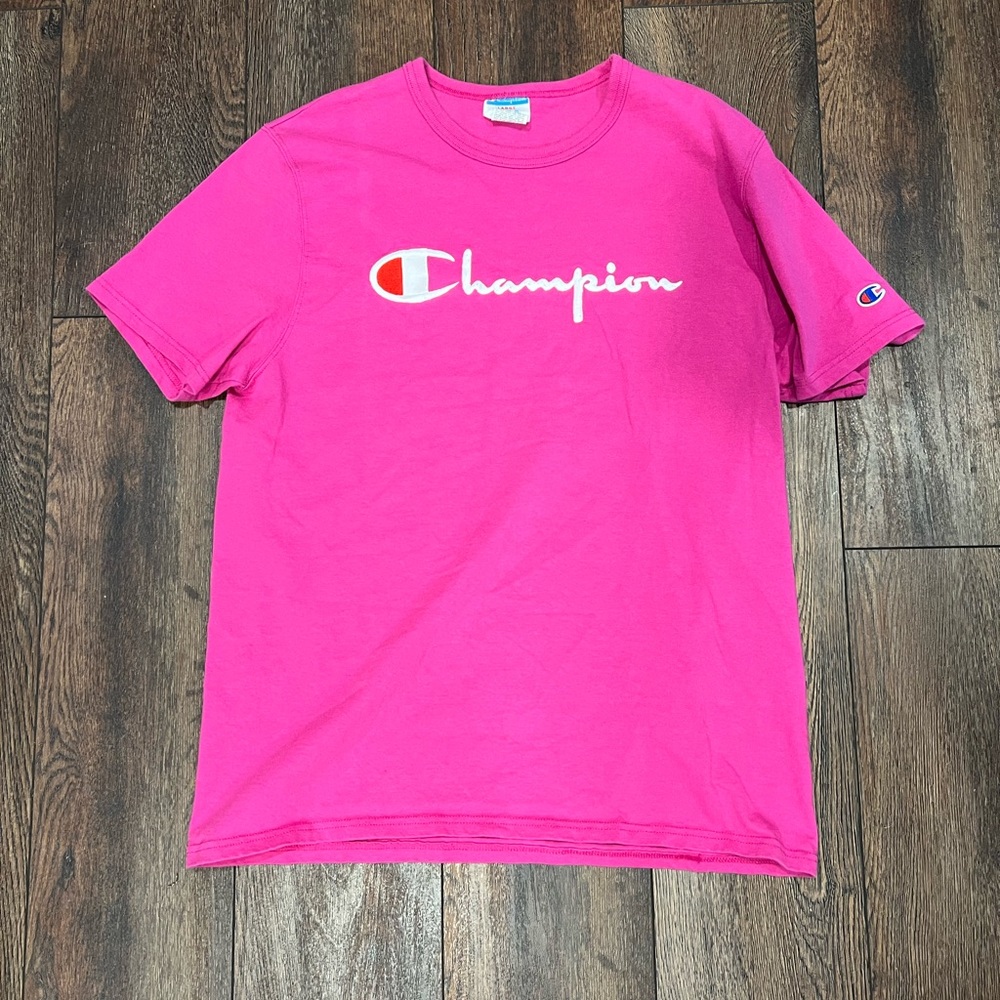 Vintage Embroidered Logo Pink Champion T shirt